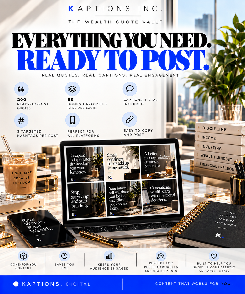 KAPTIONS INC. Wealth Quote Vault promotional image; digital spreadsheet of 200 quotes and 50 carousel scripts